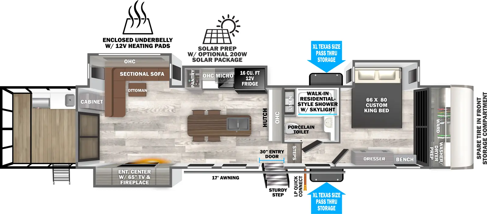 The Heritage Glen Fifth Wheels 38VERANDA floorplan has two entries and four slide outs. Exterior features include: fiberglass exterior and 17' awning. Interiors features include: kitchen island and front bedroom.